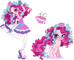 Size: 3955x3205 | Tagged: safe, artist:gihhbloonde, pinkie pie, earth pony, human, pony, equestria girls, g4, bowtie, closed mouth, clothes, crossover, crossover fusion, cyan eyes, dress, ever after high, female, gloves, high heels, jewelry, lightly watermarked, looking at you, madeline hatter, mare, necklace, open mouth, open smile, raised hoof, self paradox, self ponidox, shoes, simple background, smiling, socks, standing on two hooves, stockings, thigh highs, transparent background, watermark