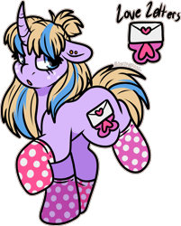 Size: 1505x1872 | Tagged: safe, artist:sexygoatgod, oc, oc only, oc:love letters, pony, unicorn, adoptable, clothes, simple background, socks, solo, transparent background