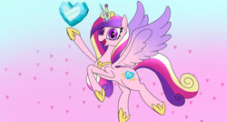 Size: 4026x2160 | Tagged: safe, artist:suryfromheaven, princess cadance, alicorn, earth pony, pegasus, pony, unicorn, g4, colored wings, cute, cutedance, flying, gradient background, heart, heart eyes, hearts and hooves day, holiday, horn, looking at you, multicolored hair, multicolored mane, multicolored wings, smiling, smiling at you, spread wings, valentine's day, wingding eyes, wings