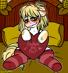 Size: 1743x1863 | Tagged: safe, artist:sexygoatgod, oc, oc only, oc:maize goldenrod, earth pony, pony, bed, bedroom eyes, blushing, clothes, female, heart, holiday, looking at you, pillow, socks, solo, stockings, striped socks, thigh highs, valentine's day