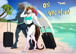 Size: 1600x1143 | Tagged: safe, artist:sunny way, oc, oc:steven saidon, oc:sunny way, horse, pegasus, anthro, anthro horse, art, artwork, beach, case, clothes, digital art, duo, female, happy, hat, male, mare, ocean, plane, smiling, stallion, suitcase, swimsuit, vacation, warm, water