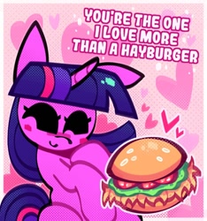 Size: 750x800 | Tagged: safe, artist:mihar34, twilight sparkle, pony, unicorn, g4, ^^, abstract background, blushing, burger, eyes closed, food, hay burger, heart, hearts and hooves day, holiday, one ear down, passepartout, smiling, solo, text, that pony sure does love burgers, twilight burgkle, valentine's day