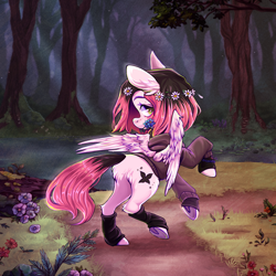 Size: 1600x1600 | Tagged: safe, artist:arkay9, oc, oc only, oc:pixie petal, pegasus, pony, butt, clothes, cottagecore, flower, flower in hair, flower in mouth, forest, hoodie, leg warmers, looking back, mouth hold, nature, plot, rearing, solo, tree, two toned mane
