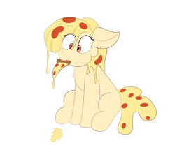 Size: 3000x2500 | Tagged: safe, artist:psychotix, derpibooru exclusive, oc, oc only, oc:mozzarella orgy, food pony, original species, pizza pony, pony, cheese, ears back, food, happy, looking at something, meat, mouth hold, pepperoni, pepperoni pizza, pizza, ponified, simple, simple background, sitting, solo, white background