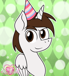 Size: 1937x2142 | Tagged: safe, artist:muhammad yunus, oc, oc:neo star, alicorn, pony, happy birthday, hat, looking at you, male, party hat, smiling, smiling at you, solo, stallion, watermark