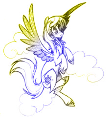 Size: 700x779 | Tagged: safe, artist:kilo, oc, oc only, oc:bubblebell, pegasus, pony, flying, simple background, sketch, solo, unshorn fetlocks, white background