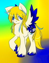 Size: 475x611 | Tagged: safe, artist:akurei269, oc, oc only, oc:bubblebell, pegasus, pony, colored wings, gradient background, pegasus oc, raised hoof, solo, spread wings, two toned wings, unshorn fetlocks, wings