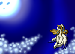 Size: 900x650 | Tagged: safe, artist:akurei269, oc, oc only, oc:bubblebell, pegasus, pony, colored wings, flying, full moon, moon, night, sky, solo, two toned wings, unshorn fetlocks, wings