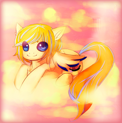 Size: 648x650 | Tagged: safe, artist:churro-dragon, oc, oc only, oc:bubblebell, pegasus, pony, cloud, colored wings, on a cloud, solo, two toned wings, wings