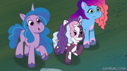 Size: 600x338 | Tagged: safe, screencap, izzy moonbow, misty brightdawn, violette rainbow, pony, unicorn, g5, my little pony: tell your tale, swirlpool starlight, spoiler:g5, spoiler:my little pony: tell your tale, spoiler:tyts02e06, :o, animated, cute, female, filly, foal, izzybetes, jewelry, mare, mistybetes, necklace, open mouth, rebirth misty, trio