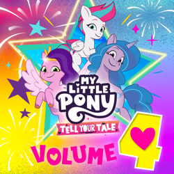 Size: 3000x3000 | Tagged: safe, izzy moonbow, pipp petals, zipp storm, pegasus, pony, unicorn, g5, my little pony: tell your tale, official, abstract background, album cover, cover, female, fireworks, heart, looking at you, mare, my little pony logo, smiling, smiling at you, stars, text