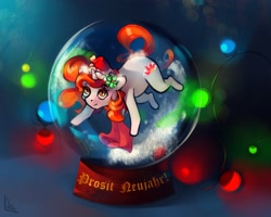 Size: 2233x1790 | Tagged: safe, artist:charlot, oc, oc only, pony, unicorn, christmas, female, happy new year, hat, holiday, mare, santa hat, snow globe, solo
