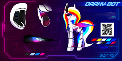 Size: 3000x1500 | Tagged: safe, artist:darky_wings, oc, oc only, oc:darky-bot, pegasus, pony, robot, robot pony, fangs, female, gradient background, open mouth, reference, reference sheet, solo, usb