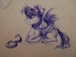 Size: 2156x1634 | Tagged: safe, artist:charlot, oc, oc only, pegasus, pony, female, lying down, mare, ponytail, prone, sketch, solo, spread wings, traditional art, wings