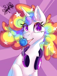 Size: 2680x3607 | Tagged: safe, artist:charlot, oc, oc only, pony, unicorn, abstract background, candy, female, food, freckles, headphones, licking, lollipop, mare, solo, starry eyes, tongue out, wingding eyes