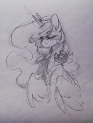 Size: 1556x2048 | Tagged: safe, artist:charlot, princess celestia, alicorn, pony, g4, cup, donut, drink, drinking, female, food, jewelry, mare, monochrome, peytral, regalia, sketch, solo, tea, teacup, traditional art