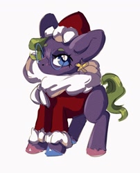 Size: 1163x1438 | Tagged: safe, artist:charlot, oc, oc:charlot, pegasus, pony, blushing, christmas, clothes, costume, ear piercing, earring, female, glasses, hat, holiday, jewelry, mare, piercing, santa costume, santa hat, simple background, solo, unshorn fetlocks, white background