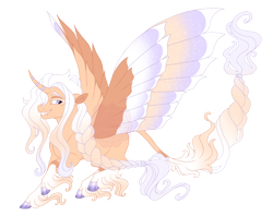 Size: 4800x3800 | Tagged: safe, artist:gigason, oc, oc only, oc:winter sun, alicorn, pony, alicorn oc, blond eyelashes, braid, braided tail, colored eyelashes, colored hooves, colored wings, colored wingtips, curved horn, fangs, feminine stallion, gradient hooves, gradient mane, gradient tail, gradient wings, grin, hoof polish, horn, hybrid wings, lavender eyes, leonine tail, long feather, long fetlocks, long mane, long tail, male, multicolored wings, obtrusive watermark, offspring, parent:oc:cabernet, parent:oc:sun pillar, parents:oc x oc, purple eyes, simple background, smiling, solo, spread wings, stallion, striped horn, tail, transparent background, unshorn fetlocks, watermark, wings