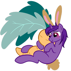 Size: 5000x5000 | Tagged: safe, artist:wtfponytime, oc, oc only, oc:purple mist, pony, unicorn, blushing, bunny ears, bunny suit, bunny tail, clothes, cuddling, looking away, male, plushie, shy, simple background, solo, stallion, tail, transparent background