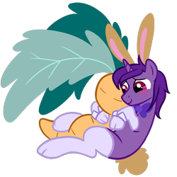 Size: 5000x5000 | Tagged: safe, artist:wtfponytime, oc, oc only, oc:purple mist, pony, unicorn, animal costume, blushing, bowtie, bunny costume, bunny ears, bunny tail, clothes, costume, cuddling, cuffs (clothes), looking away, male, plushie, shy, simple background, socks, solo, stallion, tail, transparent background