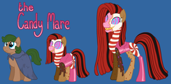 Size: 3508x1724 | Tagged: safe, artist:queertrixie, derpibooru exclusive, oc, oc only, oc:candymare, candy pony, earth pony, food pony, original species, pony, fanfic:something sweet to bite, g4, adult, blue background, cloak, clothes, creepypasta, food, simple background