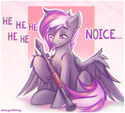 Size: 1280x1164 | Tagged: safe, artist:adagiostring, oc, oc only, unnamed oc, pegasus, pony, abstract background, male, male oc, noice, pegasus oc, rocket launcher, rpg-7, sitting, smiling, solo, text, weapon