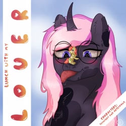 Size: 1600x1600 | Tagged: safe, artist:artsypaws, derpibooru exclusive, oc, oc only, oc:artsypaws, oc:jay mihay, pegasus, pony, unicorn, comic:lunch with my lover, g4, blushing, colored, comic, curved horn, digital art, drool, drool string, duo, female, folded wings, glasses, heart, heart eyes, horn, love, lovers, macro, male, mare, micro, original character do not steal, pegasus oc, predator, prey, round glasses, self insert, soft vore, thumbnail, tongue out, unicorn oc, vore, vore comic, voreception, wingding eyes, wings