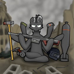 Size: 1890x1890 | Tagged: safe, artist:chgnk3r, oc, oc only, oc:tungsten shell, pony, unicorn, fallout equestria, armor, grayscale, green eyes, gun, hammer, helmet, hooves, male, monochrome, multiple legs, sitting, solo, weapon