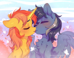 Size: 1000x781 | Tagged: safe, artist:ls_skylight, oc, oc only, pegasus, pony, unicorn, chest fluff, commission, duo, eyes closed, holiday, horn, kiss on the lips, kissing, sketch, spread wings, valentine's day, wings, ych result