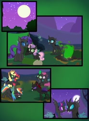 Size: 1772x2396 | Tagged: safe, artist:arkogon, apple bloom, applejack, ocellus, pharynx, rainbow dash, rarity, scootaloo, spike, sweetie belle, thorax, twilight sparkle, changeling, a canterlot wedding, g4, alternate ending, alternate scenario, apple sisters, belle sisters, bloomling, campfire, camping, changeling dragon, changelingified, comic, cute, cutealoo, female, gritted teeth, implied scootaspike, looking at each other, looking at someone, male, moon, night, pre changedling ocellus, scootaling, shipping, siblings, sisters, smiling, smiling at each other, species swap, spikabetes, starry night, story included, straight, sweetiling, teeth, tent, training, twirax