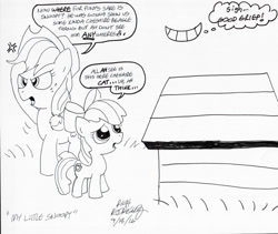 Size: 894x753 | Tagged: safe, artist:newportmuse, apple bloom, applejack, earth pony, pony, g4, apple sisters, doghouse, female, filly, foal, mare, siblings, sisters, snoopy, speech bubble, text, traditional art