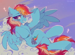 Size: 2048x1513 | Tagged: safe, artist:mirtash, rainbow dash, pegasus, pony, g4, alternate hair color, backwards cutie mark, belly, chest fluff, cloud, concave belly, crossed legs, ear fluff, ear piercing, earring, female, headcanon, hoof heart, jewelry, lesbian, lesbian pride flag, looking at you, lying down, lying on a cloud, mare, on a cloud, on back, outdoors, piercing, pride, pride flag, raised hoof, sexuality headcanon, sitting, sitting on a cloud, sky, sky background, slender, smiling, smiling at you, solo, sparkles, spread wings, tail, thin, underhoof, wingding eyes, wings