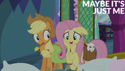 Size: 2000x1125 | Tagged: safe, edit, edited screencap, editor:quoterific, screencap, angel bunny, applejack, fluttershy, g4, school daze, bag, bed, cute, floppy ears, jackabetes, pillow, saddle bag, shyabetes, spoon, twilight's castle