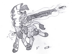 Size: 600x450 | Tagged: safe, artist:dombrus, oc, oc only, zebra, gun, magic, monochrome, pipbuck, shooting, simple background, solo, telekinesis, traditional art, weapon, zebra oc