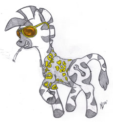 Size: 557x600 | Tagged: safe, artist:dombrus, oc, oc only, zebra, cigarette, clothes, glasses, raised hoof, shirt, simple background, solo, traditional art, zebra oc