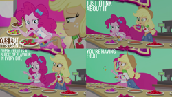 Size: 2000x1125 | Tagged: safe, edit, edited screencap, editor:quoterific, screencap, applejack, pinkie pie, equestria girls, g4, my little pony equestria girls: better together, my little pony equestria girls: choose your own ending, tip toppings, tip toppings: applejack