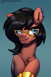 Size: 2000x3000 | Tagged: safe, artist:jedayskayvoker, oc, oc:benjamin terrance tover, earth pony, pony, bedroom eyes, bust, chest fluff, colored hooves, cute, ear fluff, ear piercing, earth pony oc, glasses, gold hooves, gradient background, hooves, icon, looking at you, male, patreon, patreon reward, piercing, portrait, solo, stallion