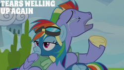 Size: 1920x1080 | Tagged: safe, edit, edited screencap, editor:quoterific, screencap, bow hothoof, rainbow dash, pegasus, pony, g4, parental glideance, clothes, crying, eyes closed, female, male, mare, stallion, uniform, wonderbolts uniform