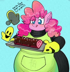 Size: 1537x1579 | Tagged: safe, artist:flutterbree, pinkie pie, earth pony, anthro, g4, adorafatty, apron, baker, bbw, candy, chonk, clothes, cute, diapinkes, fat, female, food, oven mitts, pudgy pie, smiley face, smiling, solo, sweets, tongue out