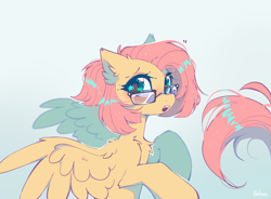 Size: 1700x1248 | Tagged: safe, artist:mirtash, fluttershy, pegasus, pony, g4, alternate hairstyle, chest fluff, cute, ear fluff, fangs, female, glasses, gradient background, mare, meganekko, open mouth, raised hoof, short hair, shyabetes, solo, spread wings, starry eyes, wing fluff, wingding eyes, wings