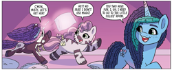 Size: 963x392 | Tagged: safe, edit, edited screencap, idw, official comic, screencap, misty brightdawn, skye, violette rainbow, pony, unicorn, zebra, g5, my little pony: black white & blue, spoiler:comic, braces, coat markings, dialogue, female, filly, foal, freckles, glowing, glowing horn, grin, horn, magic, mare, open mouth, open smile, pale belly, pillow, pillow fight, pinto, smiling, speech bubble, telekinesis, trio, trio female, unshorn fetlocks, vitiligo
