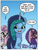 Size: 404x520 | Tagged: safe, edit, idw, official comic, misty brightdawn, skye, violette rainbow, pony, unicorn, zebra, g5, my little pony: black white & blue, spoiler:comic, spoiler:g5comic, braces, coat markings, dialogue, female, filly, foal, freckles, gradient background, mare, open mouth, open smile, pinto, sky, smiling, speech bubble, the end, trio, trio female, vitiligo