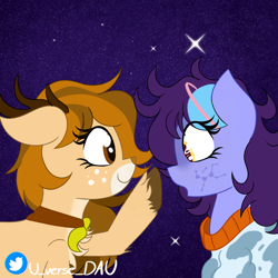 Size: 3000x3000 | Tagged: safe, artist:juniverse, oc, oc only, oc:juniverse, deer, earth pony, original species, pony, reindeer, boop, colored, commission, commission example, cute, deer oc, duo, happy, headshot commission, kerchief, night, non-pony oc, stars, surprised