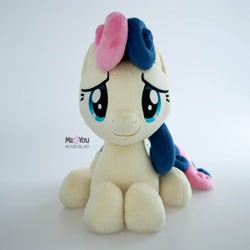 Size: 1600x1601 | Tagged: safe, artist:meplushyou, bon bon, sweetie drops, earth pony, pony, g4, adorabon, cute, female, irl, looking at you, lying down, photo, plushie, simple background, solo, white background