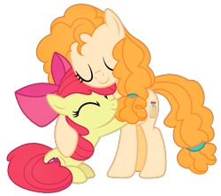 Size: 1617x1428 | Tagged: safe, artist:catcatcat9, artist:scarletwitchinfire, apple bloom, pear butter, earth pony, pony, g4, adorabloom, base used, cute, eyes closed, female, filly, foal, hug, mare, mother and child, mother and daughter, pearabetes, simple background, sitting, transparent background