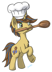 Size: 2528x3488 | Tagged: safe, artist:sroka001, oc, oc only, pony, unicorn, chef's hat, chest fluff, hat, simple background, solo, spoon, transparent background, wooden spoon