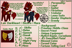 Size: 6000x4000 | Tagged: safe, artist:dice-warwick, oc, oc:lair darkheart, bicorn, pony, fallout equestria, fallout equestria: desperados, bio, clothes, coin, fanfic art, female, horn, mare, multiple horns, reference sheet, religious, s.p.e.c.i.a.l., solo, suit, tail, tail wrap