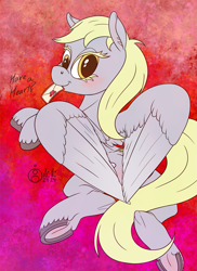 Size: 945x1300 | Tagged: safe, artist:sepiakeys, derpy hooves, pegasus, pony, g4, blushing, female, heart wings, hoof blush, letter, looking at you, looking back, looking back at you, mare, mouth hold, solo, underhoof