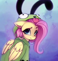Size: 1364x1436 | Tagged: safe, artist:lerkfruitbat, fluttershy, pegasus, pony, antonymph, cutiemarks (and the things that bind us), g4, clothes, colored eyebrows, colored pinnae, cute, ear fluff, eyebrows, eyelashes, female, fluttgirshy, folded wings, gir, gradient background, hoodie, invader zim, looking at you, mare, raised eyebrow, shyabetes, signature, smiling, smiling at you, solo, vylet pony, wings
