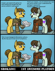 Size: 2444x3149 | Tagged: safe, artist:sroka001, oc, oc:cooper, earth pony, pony, 1st awesome platoon, 25th infantry division (us), clothes, comic, duo, military, military uniform, uniform